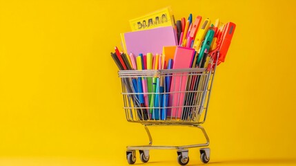 High-quality image of a shopping cart filled with an assortment of bright and colorful school supplies, including folders, pencils, and markers, against a solid color background.