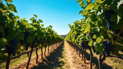 Naklejka premium A picturesque vineyard with rows of grapevines laden with ripe, dark purple grapes, bathed in the warm glow of sunlight, extending towards a clear blue sky.