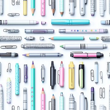 Creative seamless pattern with office supplies, color pencils, pens, puler, markers and metal paper clips
