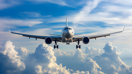Obraz premium A commercial airplane crossing a bright blue sky with a trail of fluffy white clouds capturing the simplicity and beauty of air travel.