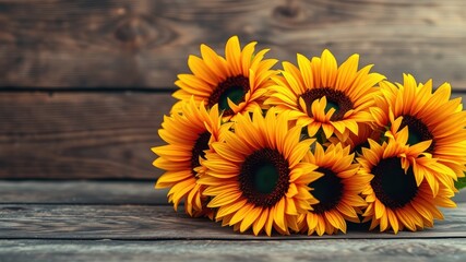 Obraz premium A cluster of vibrant sunflowers, their golden petals unfurling against a backdrop of weathered wood, creating a captivating display of nature's artistry.