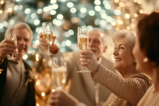 Happy elderly people dancing at a New Year party. Seniors celebrating a holiday together, they raise glasses of champagne. - Powered by Adobe