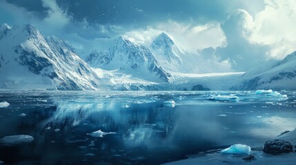 Icebergs float serenely in a glacial lagoon, their icy blue tones contrasting with the dark, cold water and distant snowy mountains.