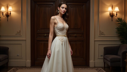 Fototapeta premium Elegant party outfit showcased in a lavish ballroom setting, highlighting intricate lace details and graceful silhouette during an evening event