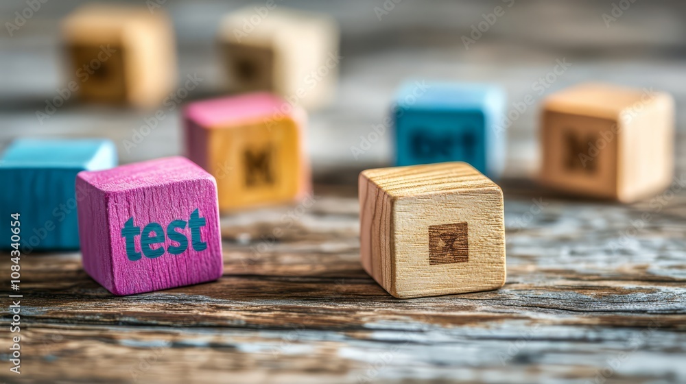 Poster wooden blocks spelling test: close-up shot of colorful wooden blocks spelling the word 
