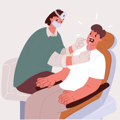Cartoon vector illustration of a female dentist examining a patient's teeth, dental care concept
