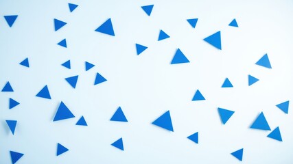A minimalist composition featuring a scattered array of cobalt blue triangles against a crisp white background, creating a dynamic and eye-catching visual.