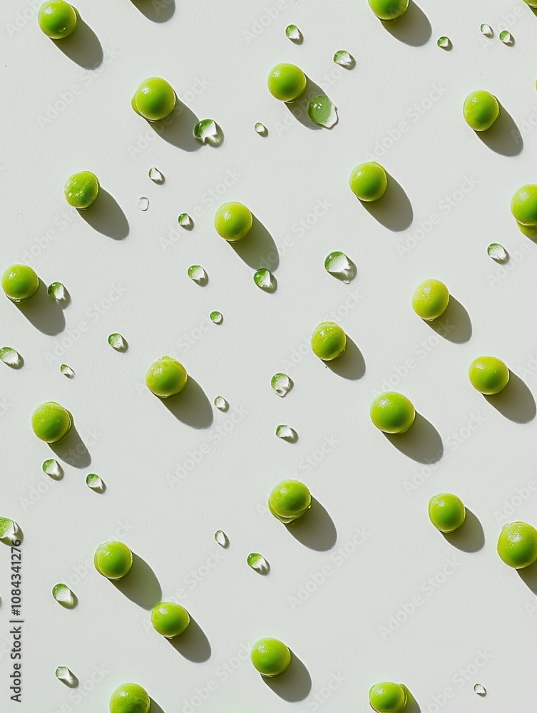 Poster bright green peas and droplets of juice are scattered across a clean white background, showcasing a 