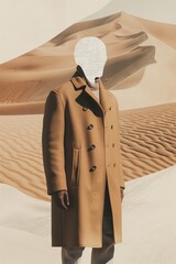 Collage of Man in beige coat standing in the middle of the desert.