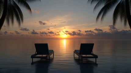 Fototapeta premium A serene sunset view over calm waters features two lounge chairs under palm trees, creating a perfect setting for relaxation or vacation themes, Ideal for travel, leisure, or wellness promotions,