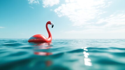 Fototapeta premium A vibrant red flamingo float swims peacefully in calm turquoise waters under a bright blue sky, ideal for summer-themed projects, advertising, or social media content,
