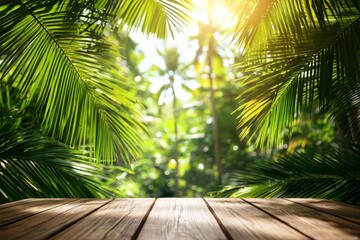 Fototapeta premium Dark wood table top (Bar) with blur on green palm leaves or tree in tropical forest with bokeh light at background