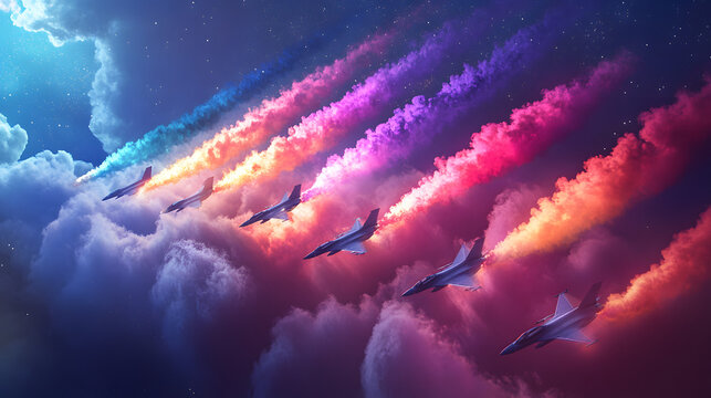 A formation of fighter jets performing an airshow maneuver leaving colorful smoke trails in perfect synchronicity capturing skill and excitement.