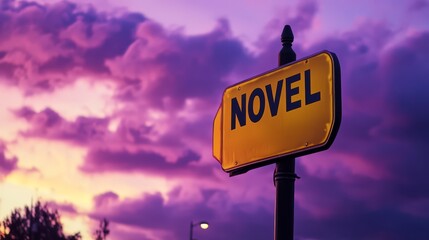 Obraz premium The Path to Storytelling: A solitary signpost stands against a vibrant purple sunset, pointing the way to 