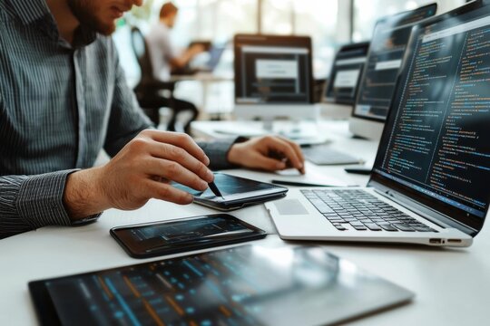 Developing programmer Development Website design and coding technologies working in software company office , isolated on white background,  , copy space, copy space for text,