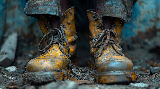 Worn yellow boots are caked with mud and debris, standing as remnants of labor in a neglected urban environment illuminated by daylight - Powered by Adobe