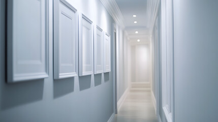 Obraz premium A hallway with white frames in a staggered arrangement on a light gray wall adding visual interest and depth to the narrow space.