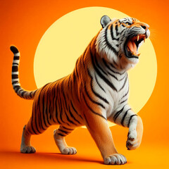 Obraz premium Tiger with open mouth on orange background.
