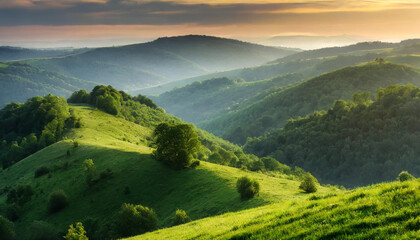Obraz premium A scenic view of rolling green hills and distant mountains