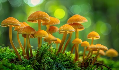 A macro shot of vibrant mushrooms growing in the forest, their colors and textures captured with precision