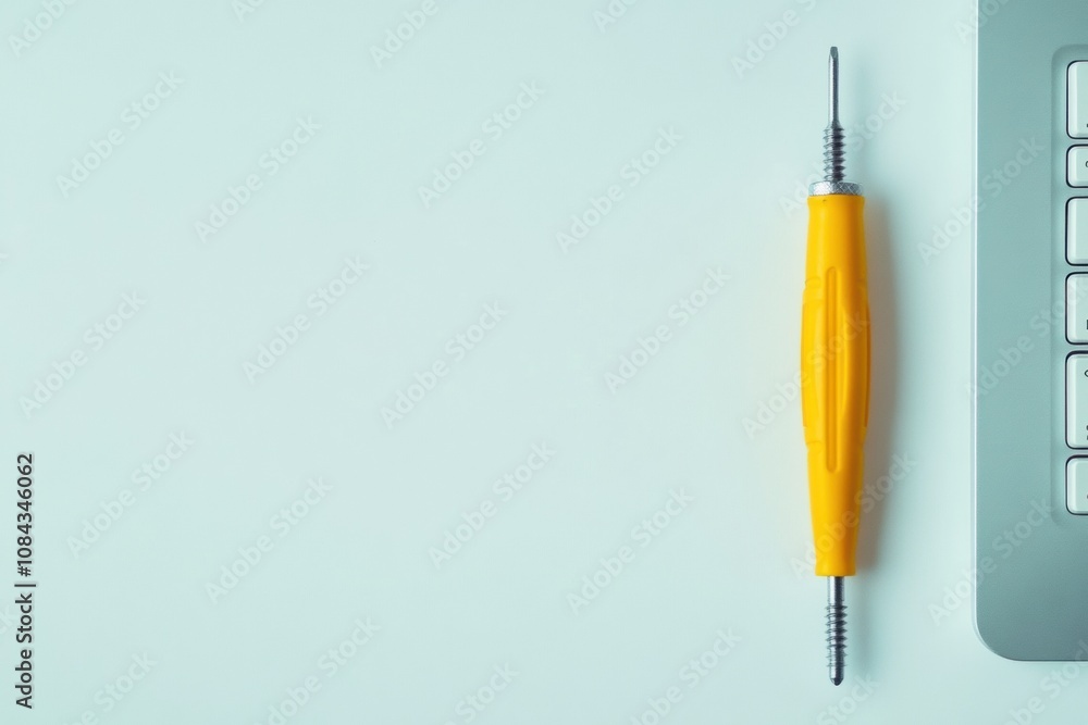 Aufkleber a yellow screwdriver placed next to a computer keyboard on a clean, light surface, illustrating a wo