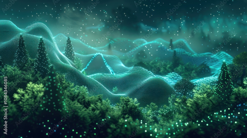 Poster a digital rendering of a forest with glowing hills and stars in the sky.