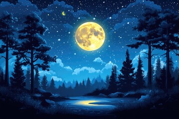 Naklejka premium Bright full moon shining over lake and forest at night