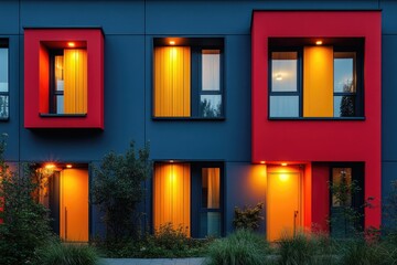 Modern apartment complex with vibrant red and orange accents at dusk