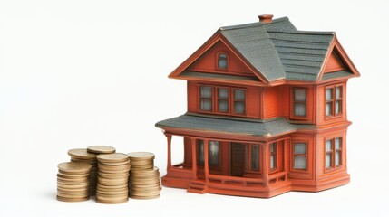 Miniature House Model With Stack Of Gold Coins - Real Estate Concept