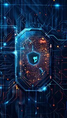 Futuristic rectangular cybersecurity badge design with advanced graphics and bold color scheme