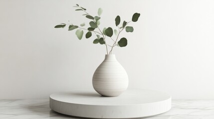 Minimalist Eucalyptus Arrangement in White Vase on Marble Pedestal