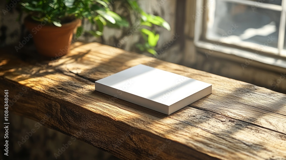 Poster a minimalist scene featuring a blank notebook on a rustic wooden table by a sunlit window.