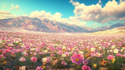 Obraz premium : A desert floor transformed by the sudden appearance of blooming wildflowers, with their bright hues standing in stark contrast to the barren surroundings.