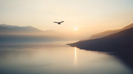 A lightweight ultralight aircraft flying over a scenic lake at sunrise highlighting the freedom and tranquility of personal aviation.