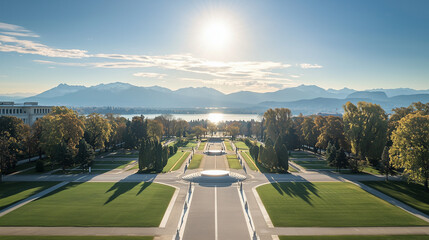 Palais des Nations Geneva Panoramic View with Alps in Background