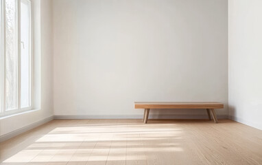 Fototapeta premium Bright and minimalistic interior of a modern room with wooden bench near large window