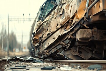 Showing the aftermath of a train accident, a derailed and heavily damaged train car rests on the railway tracks, highlighting the impact and destruction caused by the collision