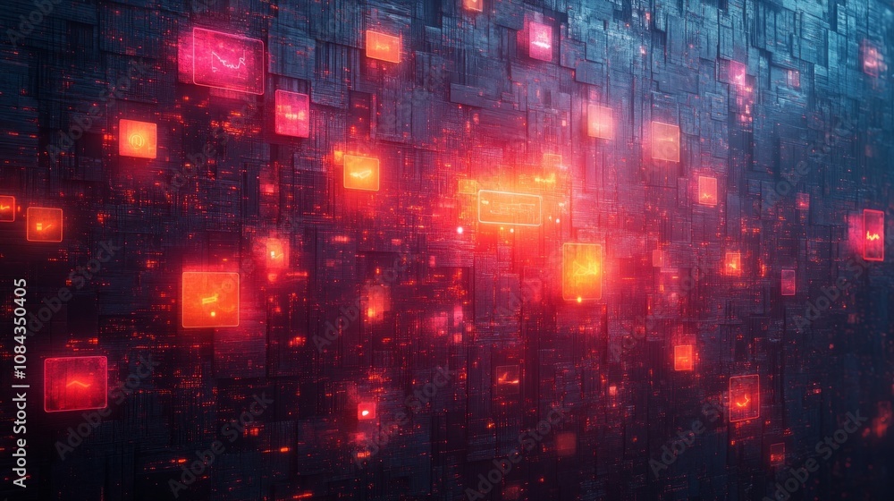 Aufkleber abstract digital landscape with glowing icons representing data and technology.