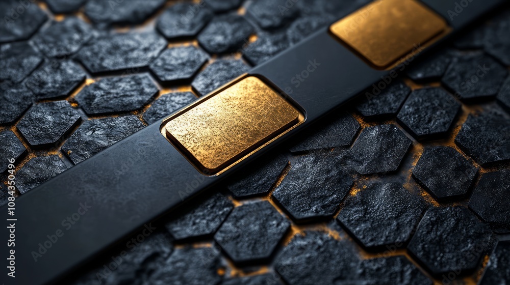Poster close-up of a textured surface with a metallic strip and hexagonal patterns.