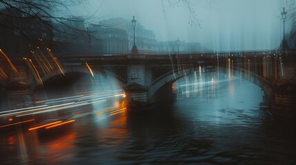 Soft Focus of a Peaceful Riverside Bridge with Traffic Movement, Blending Urban Structure and Nature