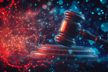 Abstract digital background banner with a wooden judge's gavel placed on a prominent surface