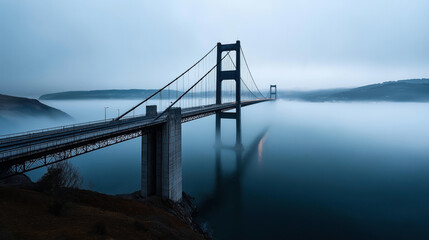 Obraz premium A suspension bridge extending across a foggy body of water, blending into the overcast sky and surrounded by hilly terrain on both sides.