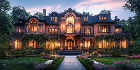 Fototapeta premium A large, luxurious mansion with a grand entrance, manicured gardens, and a beautiful sunset sky in the background.