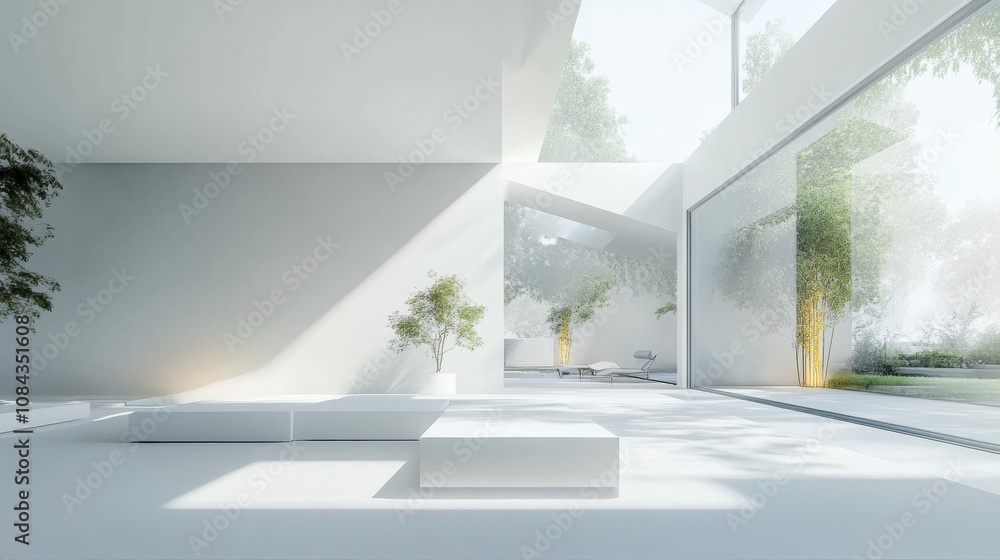 Poster spacious modern living room features minimalist design and abundant natural light from large windows