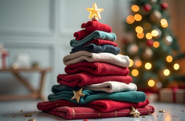 A Christmas card. A stack of clothes stacked on top of each other in the form of a Christmas tree, with a star on top. The background is festive blurred with bokeh lights