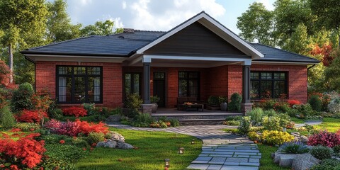 One-story single-family house design, 1000 sq ft, in American old money style, featuring classic architectural elements, elegant finishes, and timeless appeal. A photo-realistic rendering of refined l