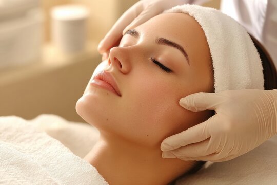 A client enjoys a soothing cosmetic procedure, as a professional applies gentle techniques to enhance her facial features and relaxation. Generative AI