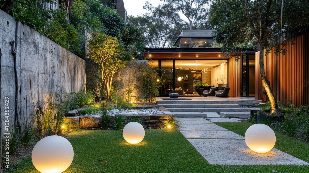 Poster here's a description and keywords for your image... modern backyard oasis with illuminated landscapi