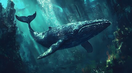 Obraz premium A blue whale swimming deep underwater