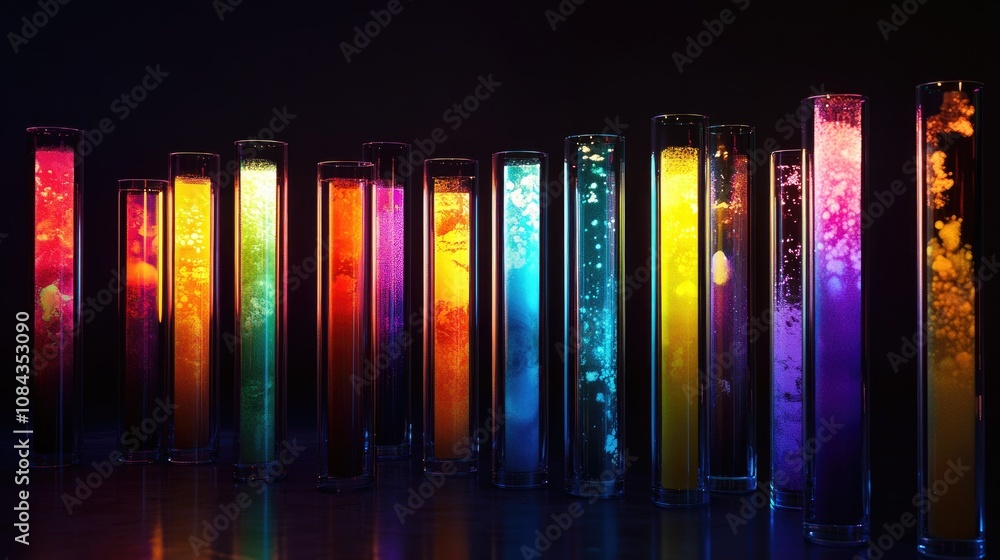 Poster here's a description and keywords for your image.. colorful liquids in glass tubes on dark backgroun